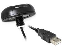 Schwarzes Navilock USB-Gerät mit einem Kabel, das in einem USB-A-Stecker endet, auf weißem Hintergrund dargestellt.