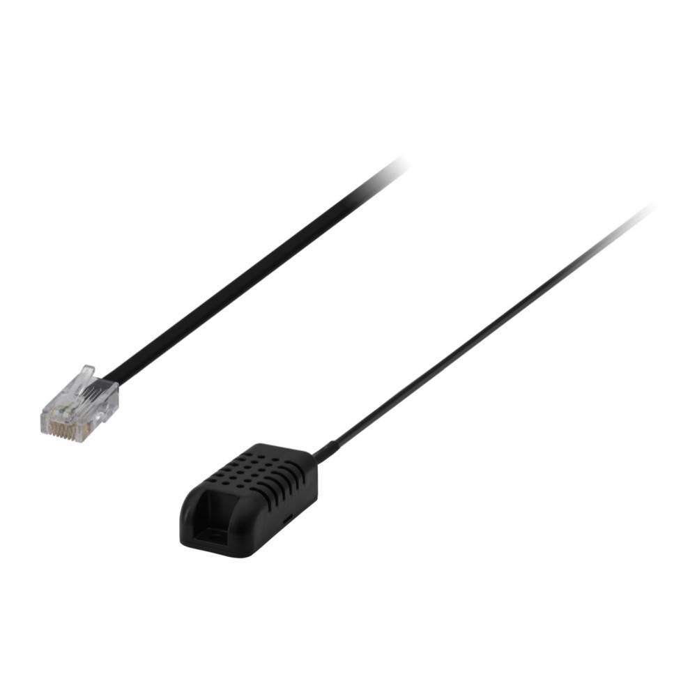 Ein schwarzes Sensorkabel mit einem RJ12-Stecker an einem Ende und einem schwarzen Sensorgehäuse am anderen Ende, das zur Messung von Umgebungsbedingungen verwendet wird.