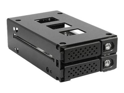 Schwarzes rechteckiges Metallgehäuse für elektronische Module mit zwei vorderen Gittern und runden Steckverbindern, dargestellt auf weißem Hintergrund.