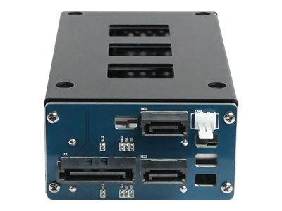 Kompaktes Metallgehäuse für Elektronikmodule mit vorderen Anschlusskonnektor, Steckplätzen und Befestigungsschrauben.