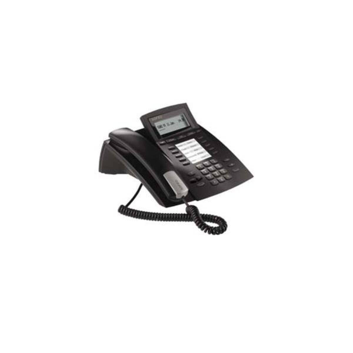 Schwarzes Bürotischtelefon mit schnurgebundenem Hörer und Tastenfeld auf weißem Hintergrund.