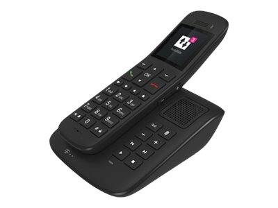 Schwarzes schnurloses Festnetztelefon, das auf einer Ladestation ruht, mit beleuchtetem Bildschirm und Tastatur.