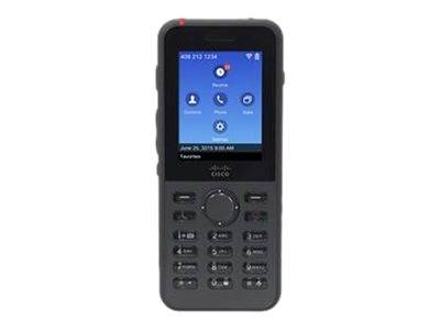 Tragbares Cisco-Tischtelefon in Schwarz mit kleinem Farbbildschirm, Navigationsfeld und Ziffernblock auf weißem Hintergrund angezeigt.