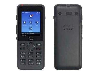 Vorder- und Rückansichten eines Cisco-Tischtelefon-Handsets mit kleinem Bildschirm, Tastenfeld und Ladeschalen-Design.