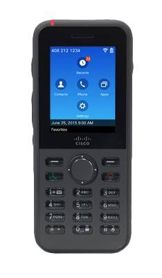 Schwarzes Cisco-Schreibtischtelefon mit Farbbildschirm, auf dem Menüsymbole für Letzte Anrufe, Kontakte, Telefon, Apps und Einstellungen angezeigt werden
