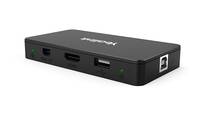Kompakter schwarzer USB-Hub oder Dockingstation mit mehreren vorderen Anschlüssen und Status-LED auf weißem Hintergrund.