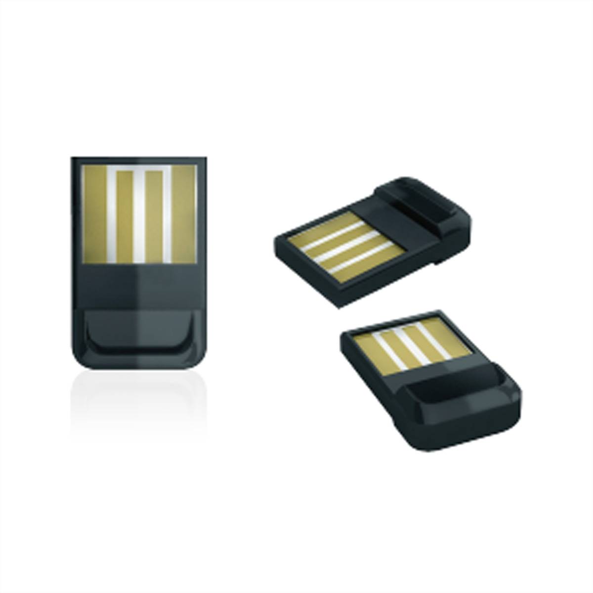 Drei kleine schwarze USB-Speichersticks aus verschiedenen Blickwinkeln auf weißem Hintergrund dargestellt.
