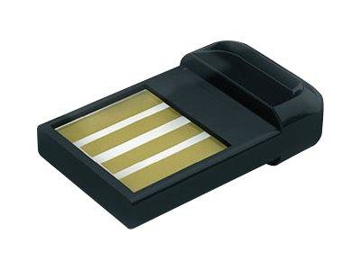 Schwarzer rechteckiger USB-Sicherheitsschlüssel oder Fingerabdruckscanner mit einer Golddatchfläche und erhöbenem Deckel, auf weißem Hintergrund gezeigt.
