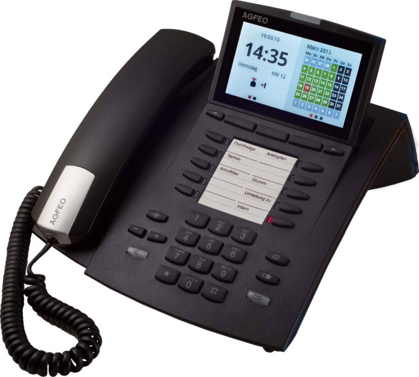Schwarzes AGFEO-Bürotischtelefon mit Hörer, Tastatur und Farbdisplay mit Anzeige von Uhrzeit und Kalender.