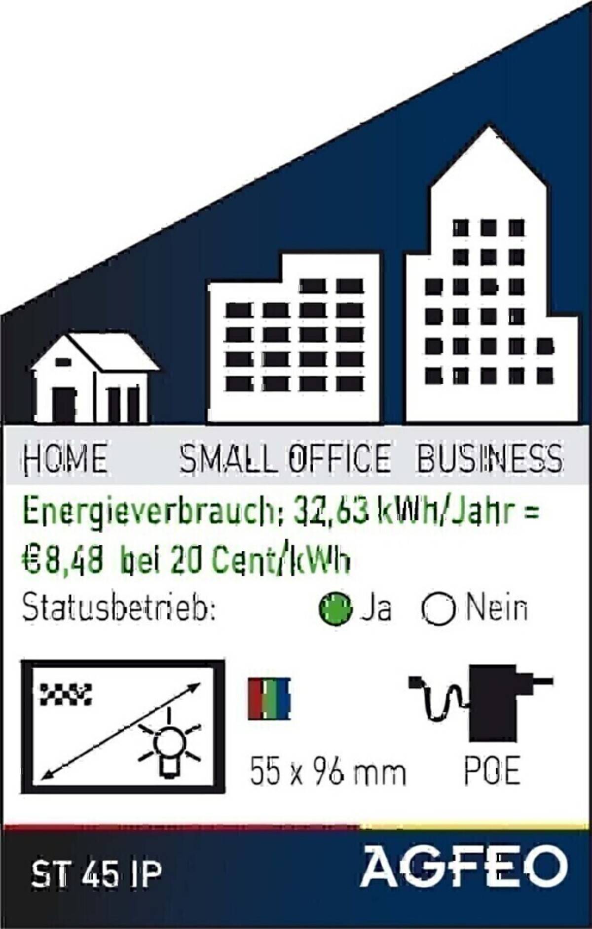 Energieetikett für ein AGFEO ST 45 IP-Telefon, das die Nutzung in Heim-, Kleinbüro- und Geschäftsumgebungen zeigt, jährlicher Stromverbrauch 32,63 kWh, Standby 58,48 kWh, PoE-Unterstützung und Größe 55 x 96 mm.
