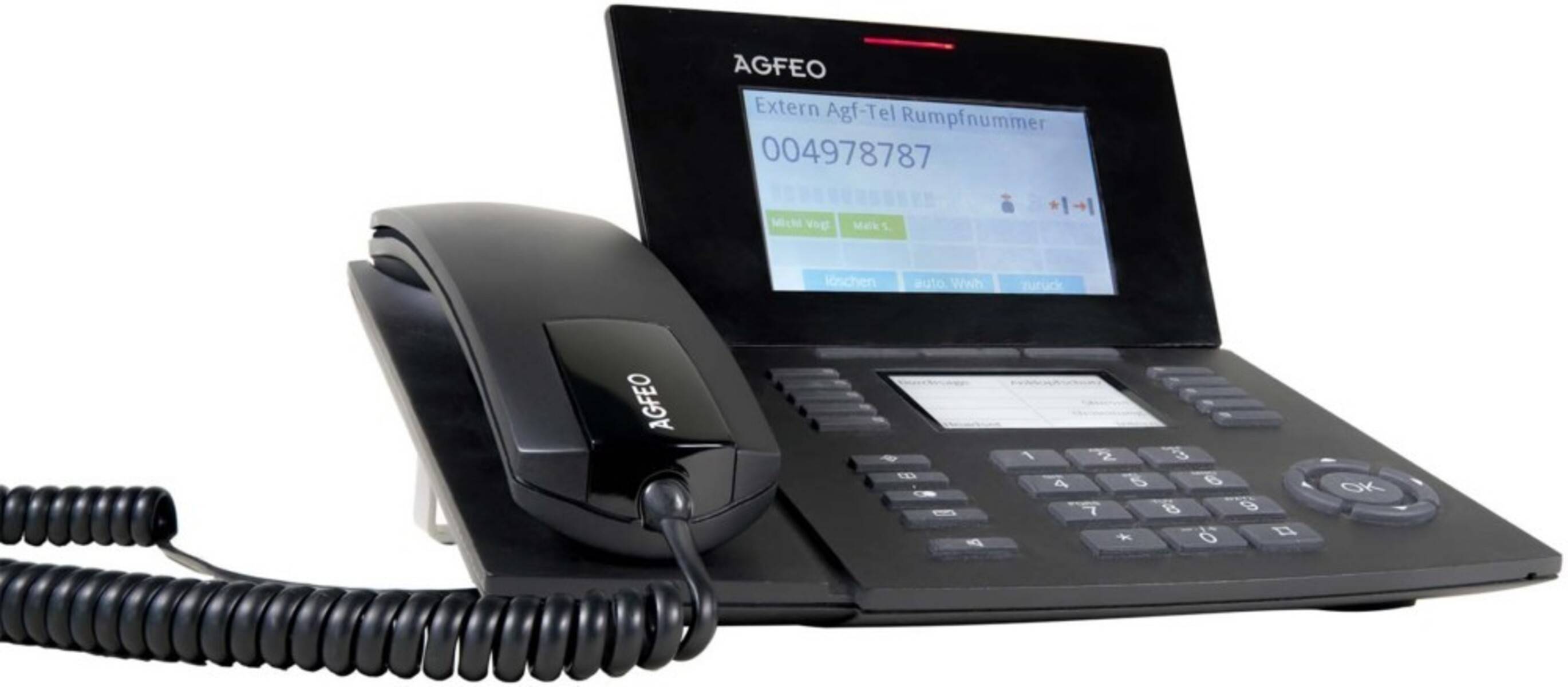 Schwarzes AGFEO-Büroschreibtischtelefon mit Hörer, Tastatur, Spiralkabel und beleuchtetem Display auf weißem Hintergrund