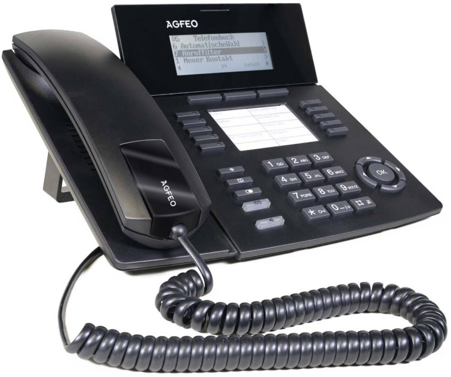 Schwarzes AGFEO-Bürotischtelefon mit schnurgebundenem Handset, kleinem Display, Tastenfeld und Funktionstasten auf weißem Hintergrund