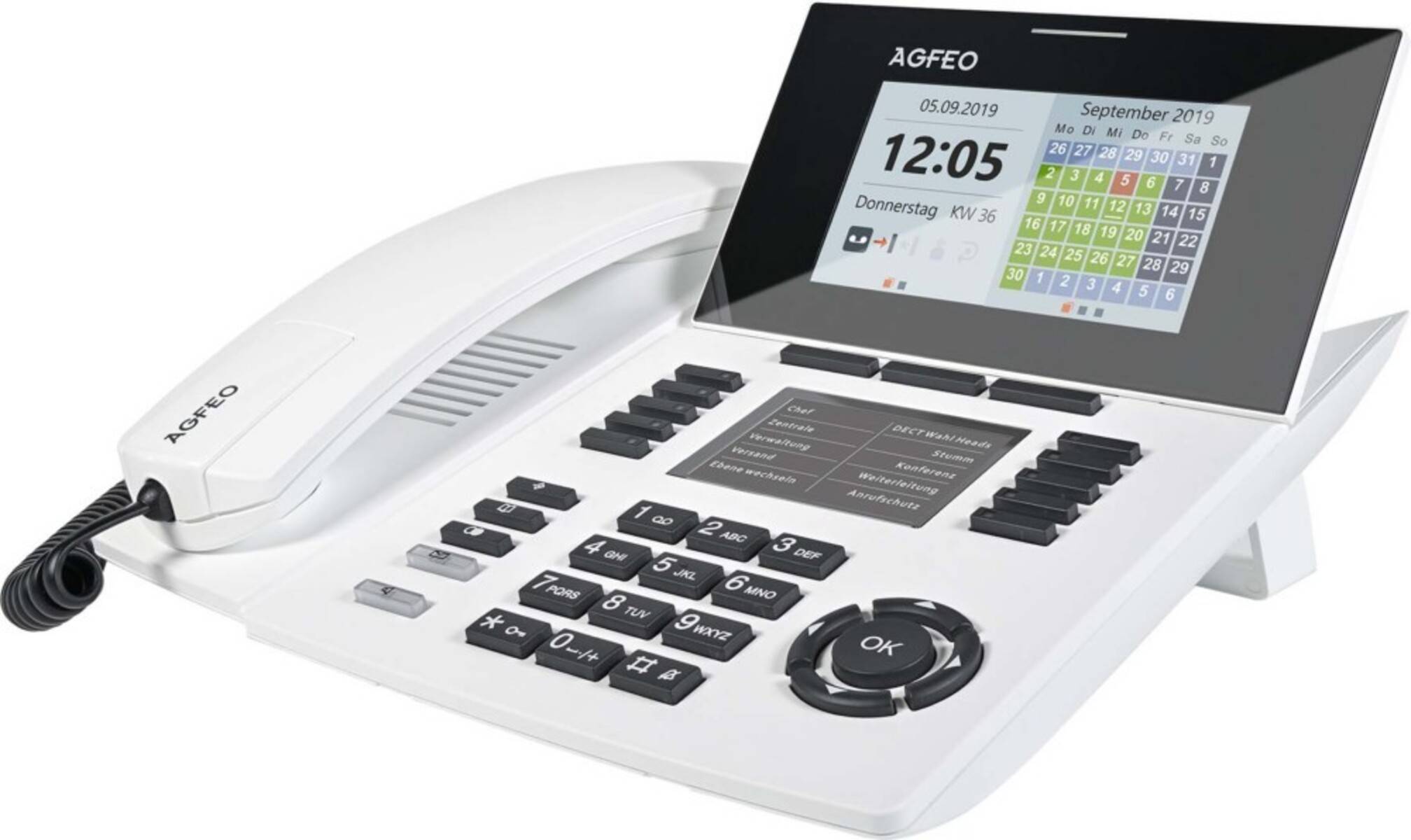 Weißes AGFEO-Tischtelefon mit Hörer, Tastatur, Display mit Anzeige 12:05 und September-2019-Kalender sowie großem OK-Navigationsrad.