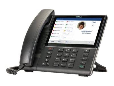 Schwarzes Bürotischtelefon mit Hörer, Tastatur und Touchscreen, auf dem ein Kontaktprofil für 