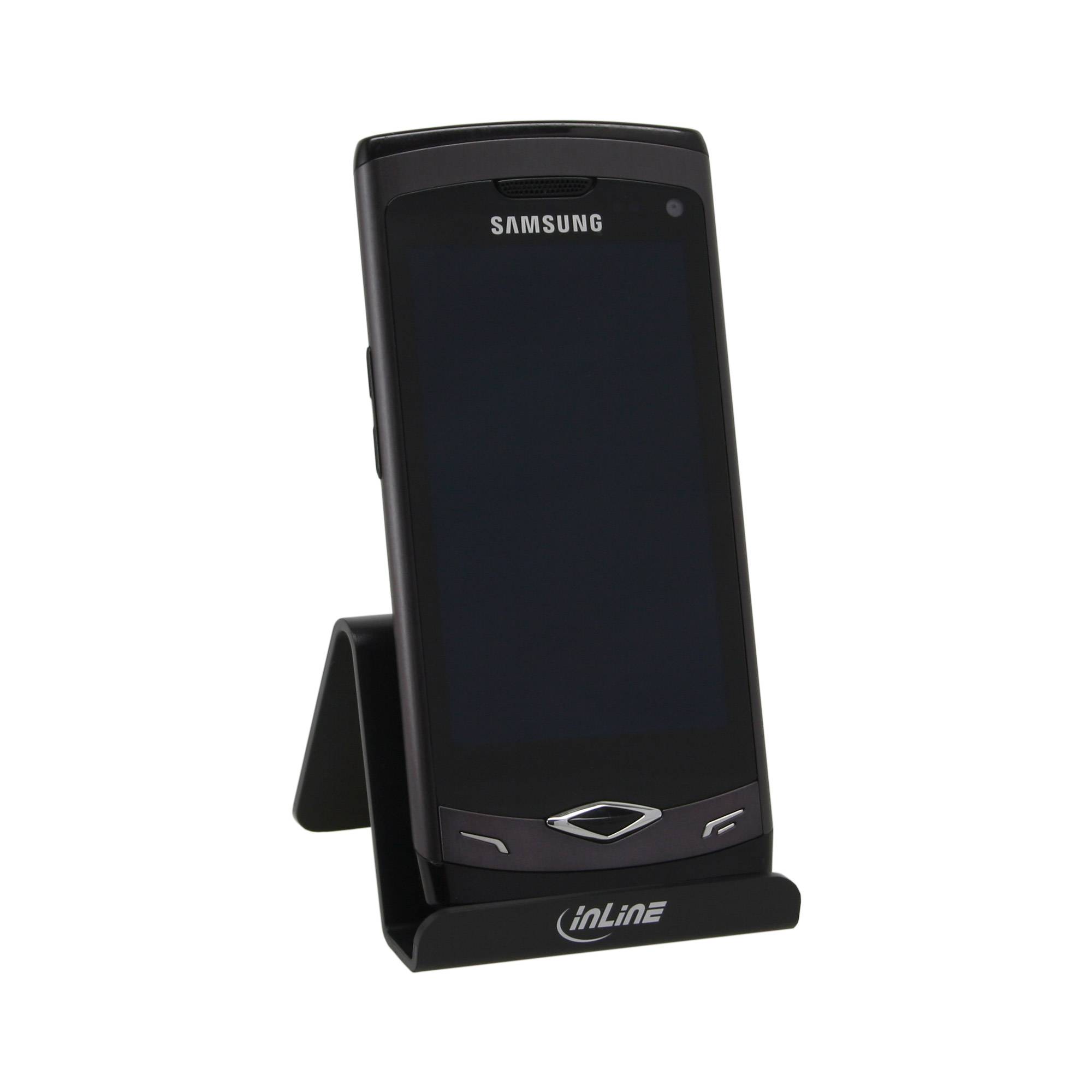 Schwarzes Samsung-Touchscreen-Telefon aufrecht in einer schwarzen InLine-Ladestation auf weißem Hintergrund.
