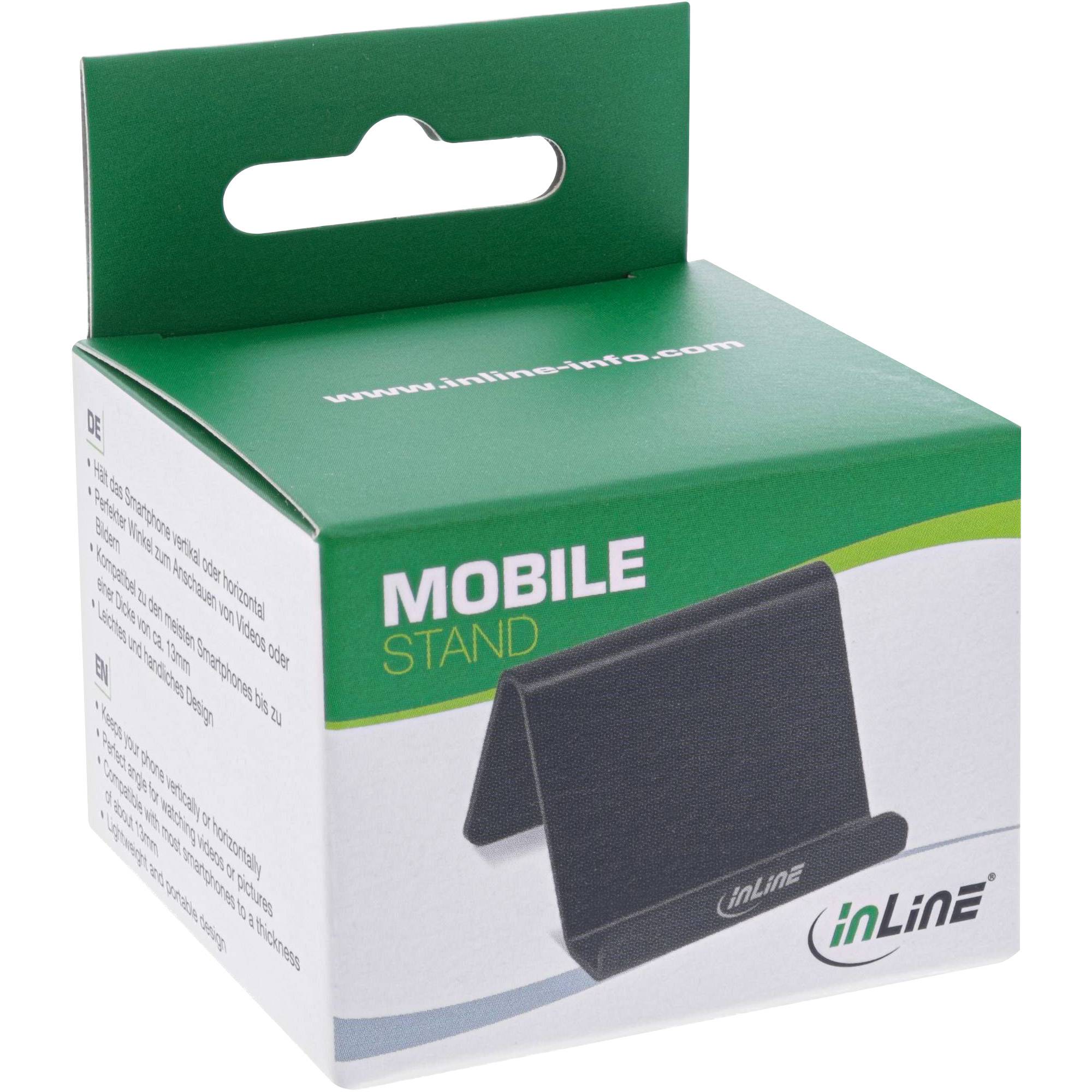 Produktbox für einen inLine 'MOBILE STAND', auf der Vorderseite ein schwarzer zusammenklappbarer Handyständer zu sehen.