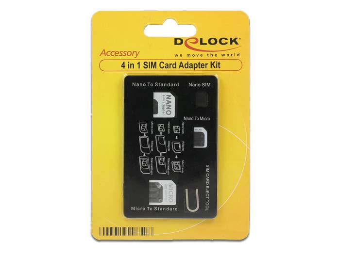 Paket des DoLock 4-in-1-SIM-Kartenadapter-Sets mit Nano-zu-Standard-, Nano-zu-Mikro- und Mikro-zu-Standard-Adaptern.