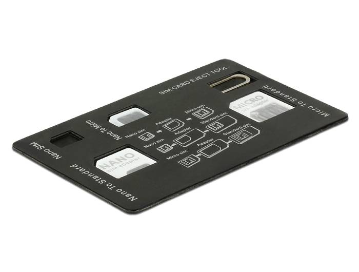 Schwarzes SIM-Kartenejektor- und Größenadapter-Werkzeug für Nano-, Micro- und Standard-SIM-Karten, auf weißem Hintergrund gezeigt.
