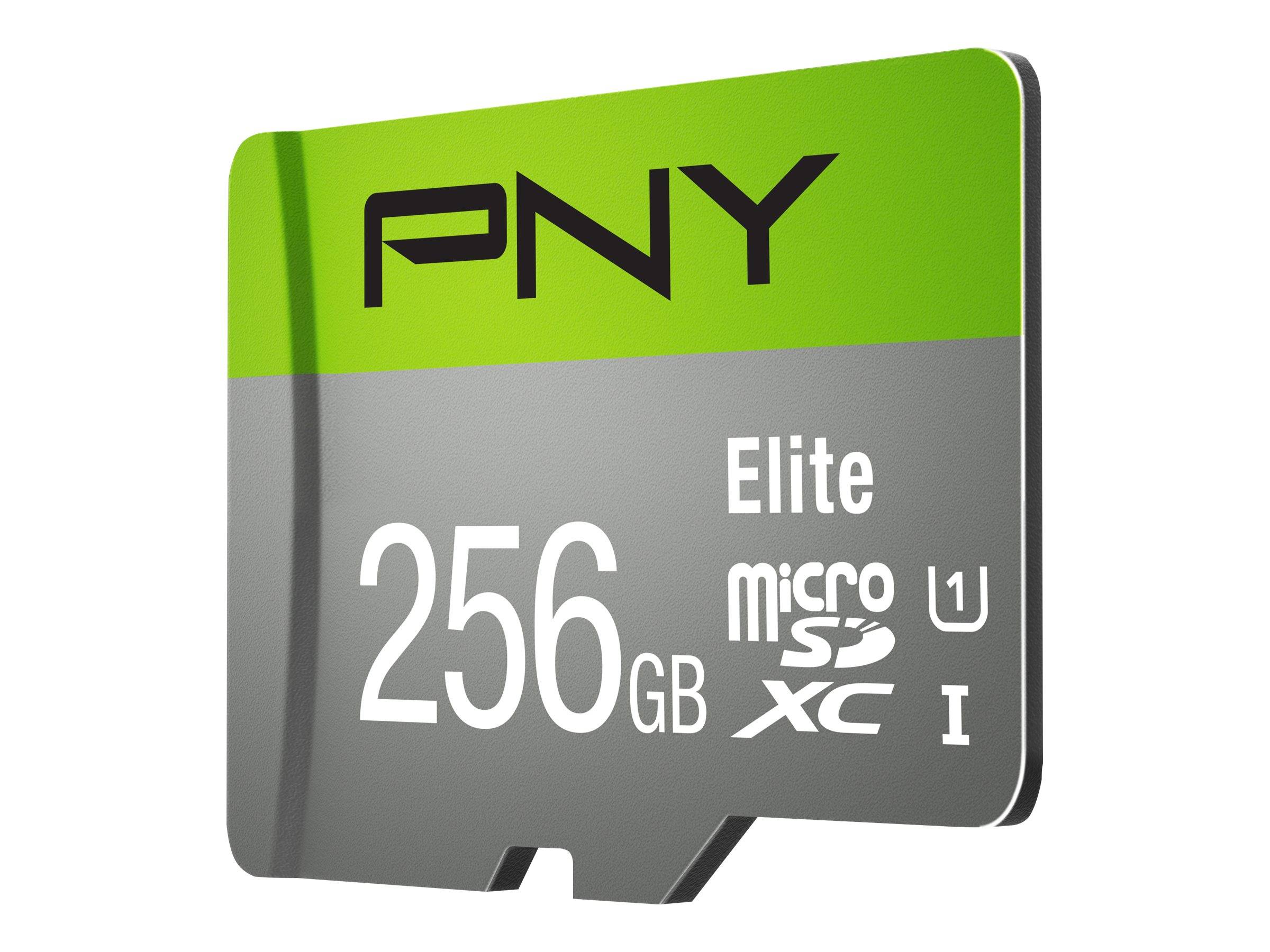 PNY Elite 256GB microSDXC Speicherkarte in Grau- und Grünverpackungsdesign.