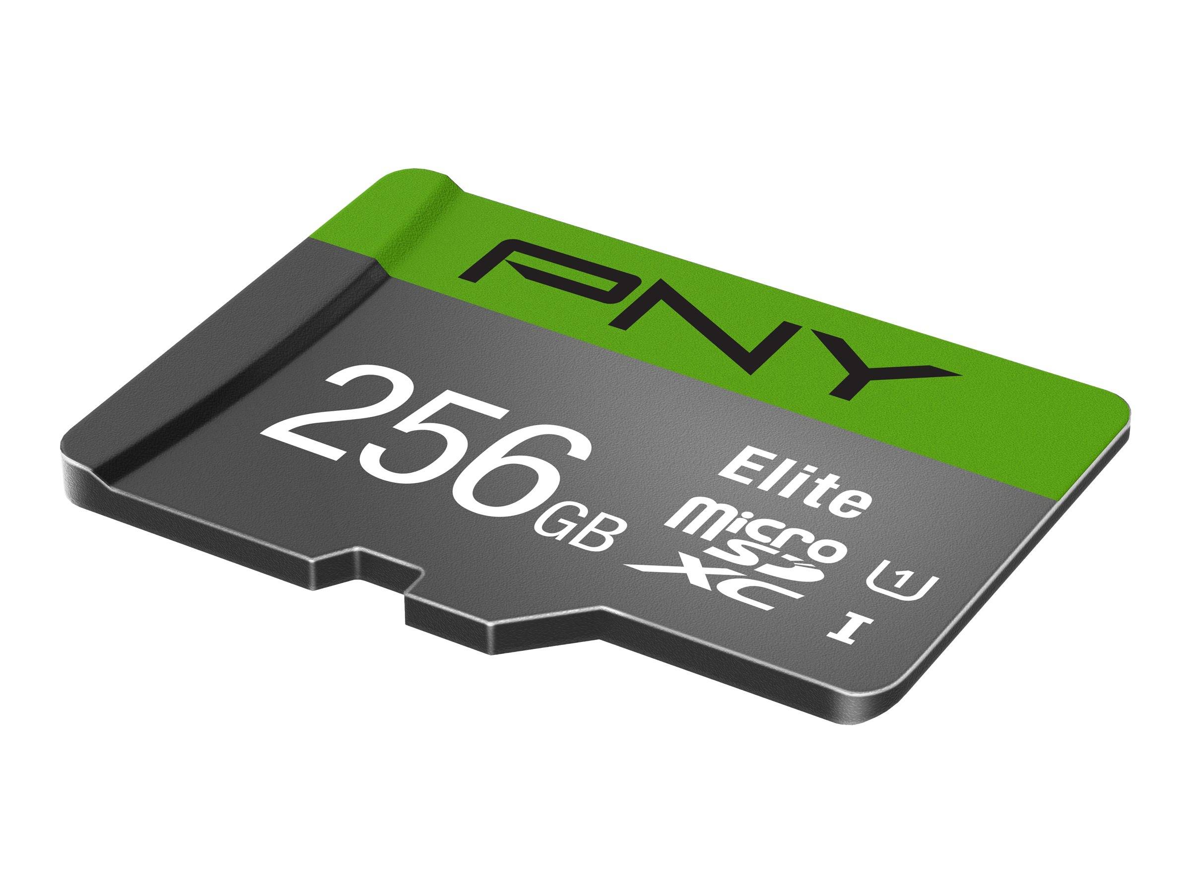 PNY 256GB Elite microSD-Speicherkarte in Grün und Schwarz.