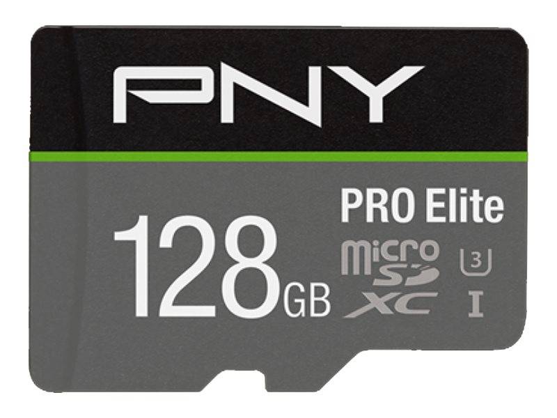 PNY 128GB Pro Elite microSDXC-Speicherkarte, Vorderseite gezeigt mit Kapazitäts- und Speedclass-Markierungen.