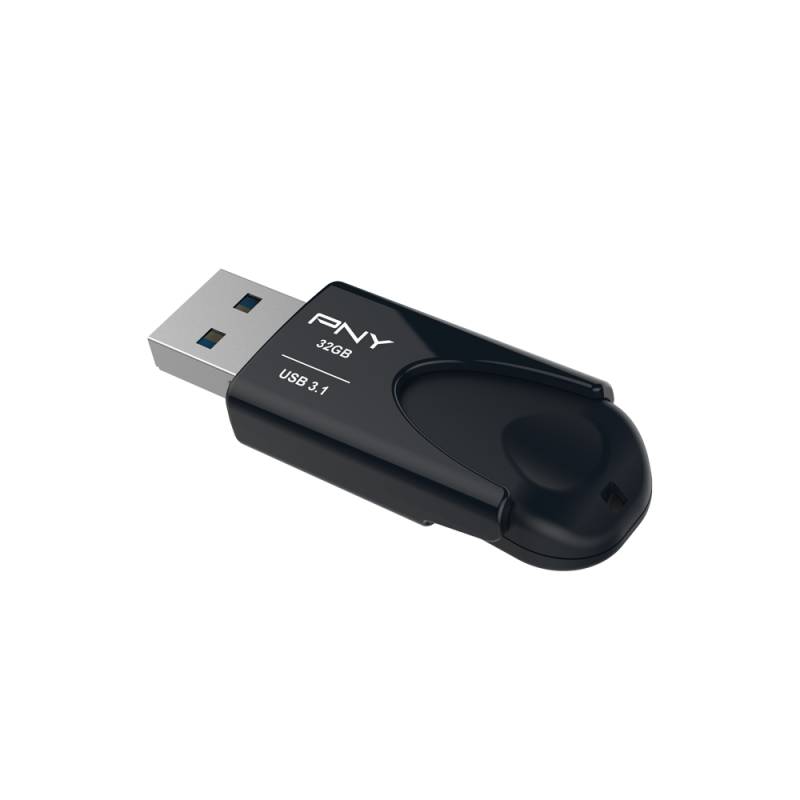 Schwarzes PNY 32GB USB 3.1 Flash-Laufwerk mit einem silbernen USB-Anschluss auf weißem Hintergrund.