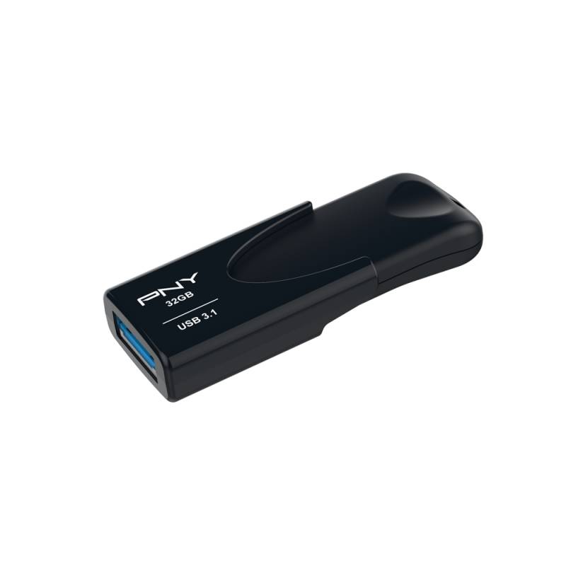 Schwarzes 32GB PNY USB 3.1 Speicherstick auf weißem Hintergrund, angewinkelt, um das Steckerende und die Markenbezeichnung zu zeigen.