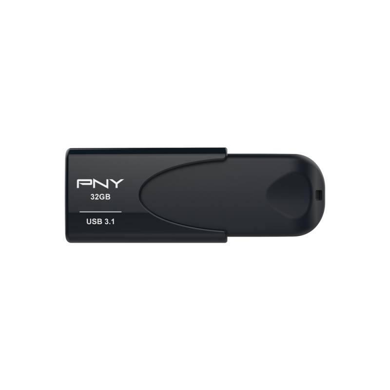 Schwarzes PNY 32GB USB 3.1 Speicherlaufwerk auf weißem Hintergrund.