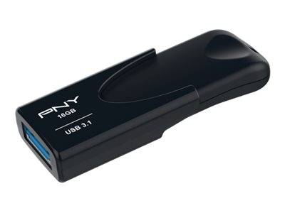 Schwarzes PNY 16GB USB 3.1 Speicherlaufwerk mit blauem USB-Anschluss auf weißem Hintergrund