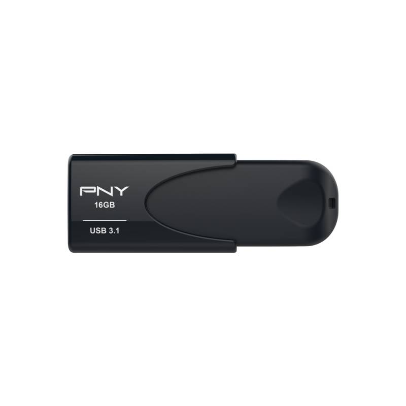 Schwarzes PNY 16GB USB 3.1 Speicherlaufwerk auf weißem Hintergrund.
