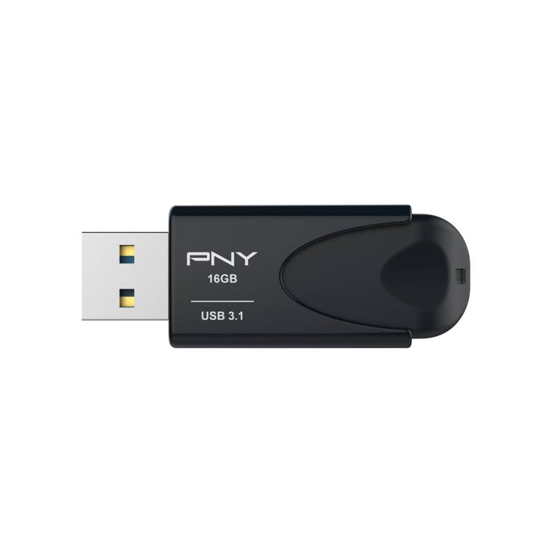 Schwarzes PNY 16GB USB 3.1-Speicherlaufwerk mit einziehbarer Kappe und freiliegendem USB-Stecker.