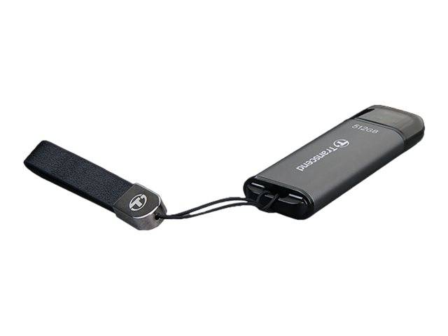 Schwarzes Transcend USB-Laufwerk mit Umhängeband auf weißem Hintergrund.