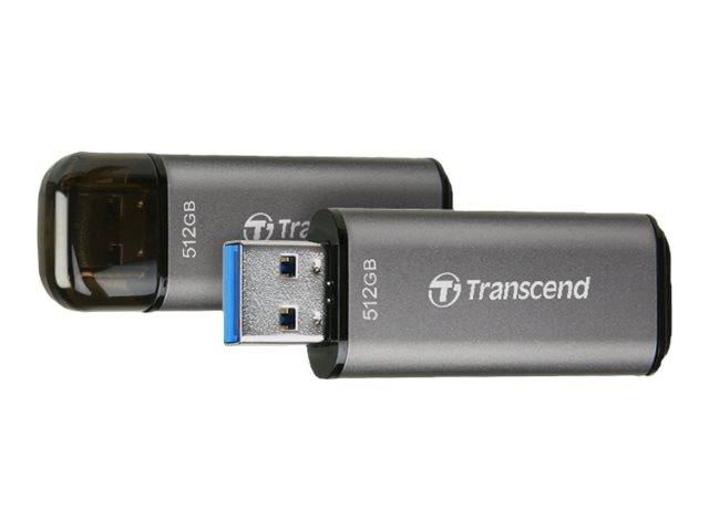 Zwei Transcend 512-GB-USB-Speichersticks, einer mit sichtbarem USB-Anschluss und einer mit aufgesetzter Kappe, auf weißem Hintergrund.
