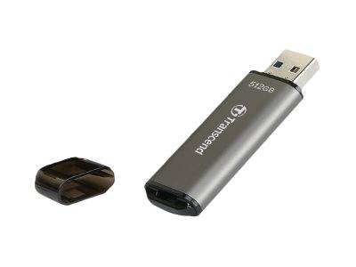 Ein 512-GB-USB-Stick von Transcend mit entfernter kleiner schwarzer Kappe, auf weißem Hintergrund dargestellt.