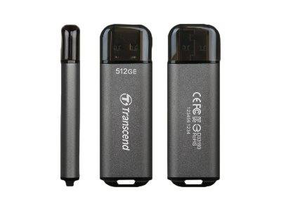 Drei Transcend 512GB USB-Speichersticks aufrecht dargestellt, mit einem schlanken schwarzen deckelfreien Laufwerk und zwei größeren grau-schwarzen Laufwerken von vorne und hinten.