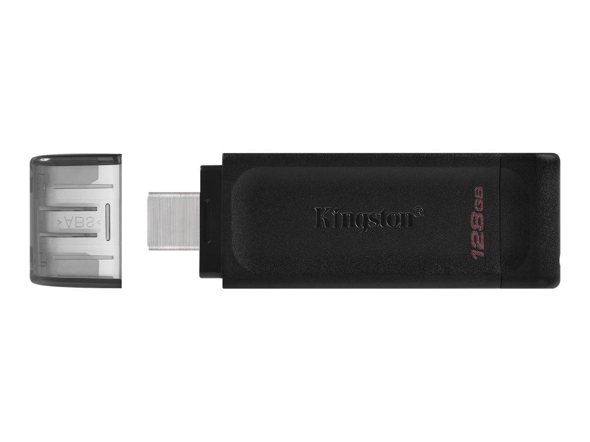 Kingston Schwarze 128GB USB-Speicherstick mit entfernter Kappe, zeigt den USB-Anschluss