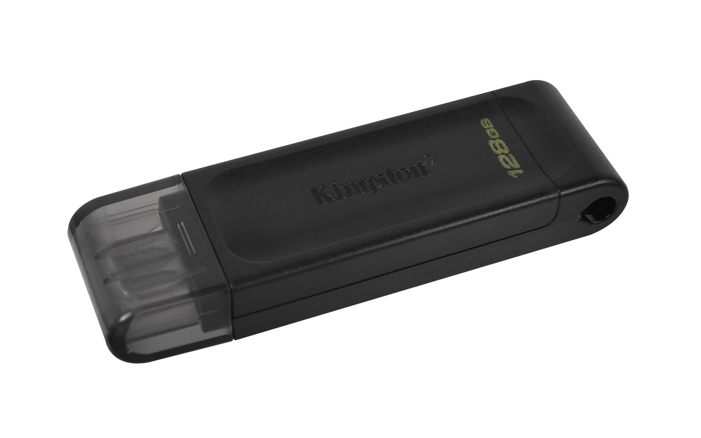 Kingston Black 128GB USB-Stick auf weißem Hintergrund, im Winkel angezeigt mit aufgesetzter Kappe.