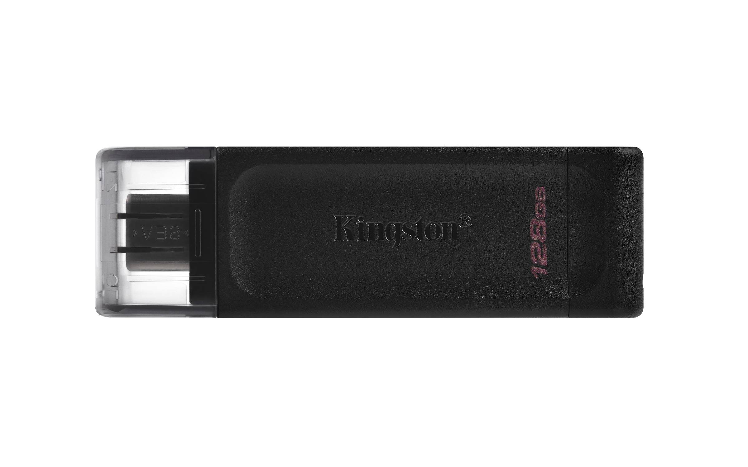 Kingston 128GB USB-Stick mit schwarzem Gehäuse und durchsichtiger Schutzkappe.