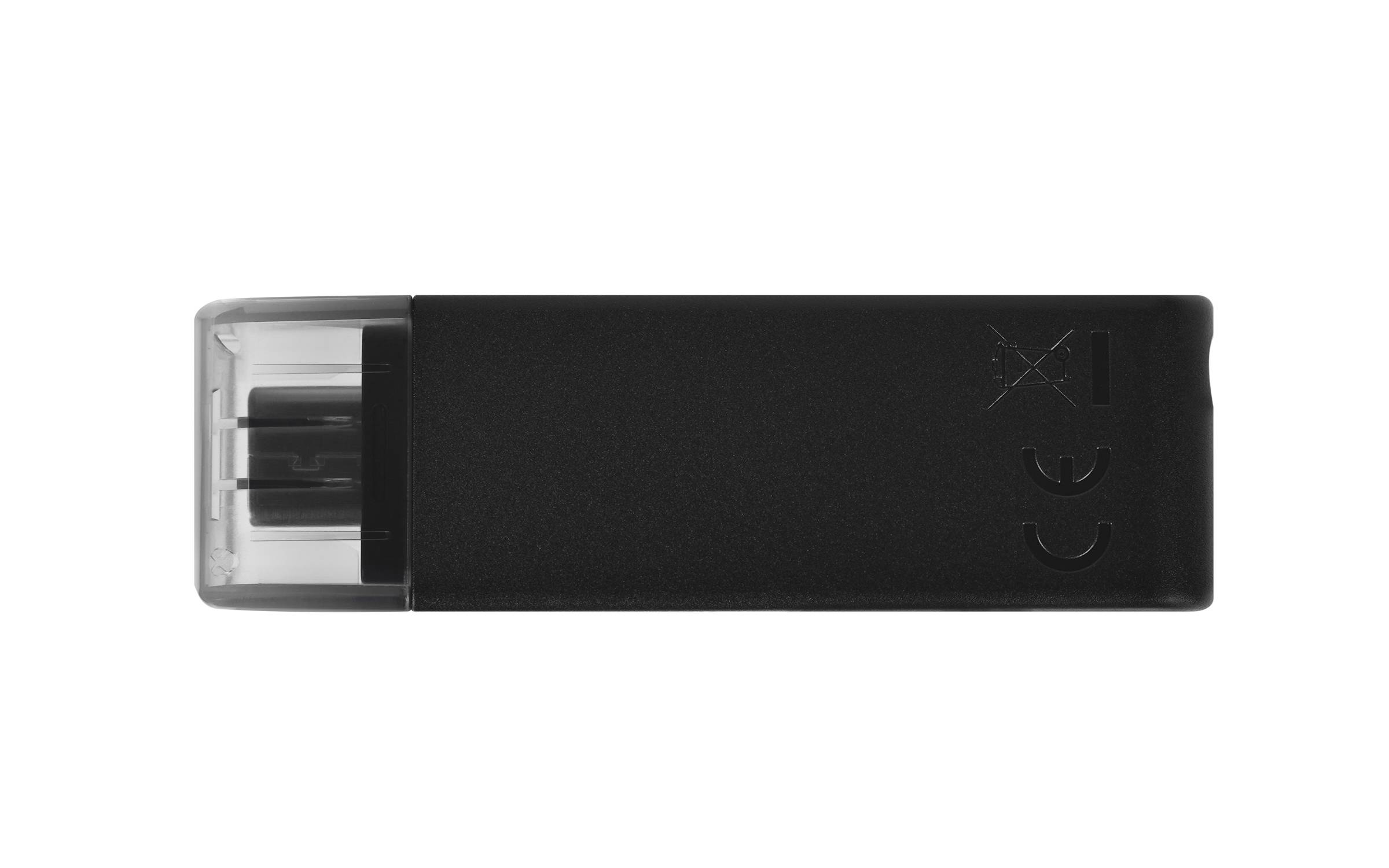 Schwarzer USB-Stick mit transparenter Kappe, horizontal auf weißem Hintergrund dargestellt.