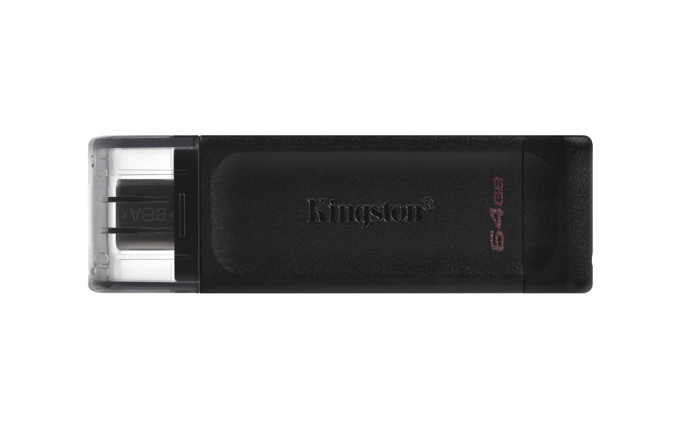 Kingston 64GB USB-Stick mit schwarzer Kappe und transparentem Anschlussende auf weißem Hintergrund