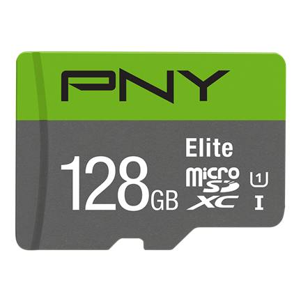 PNY Elite 128GB microSDXC Speicherkarte mit grünem und grauem Etikett.