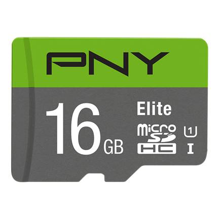 PNY Elite 16GB microSDHC-Speicherkarte auf einem grün-grauen Etikett.