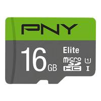 PNY Elite 16GB microSDHC Speicherkarte in schwarzer und grüner Verpackung.
