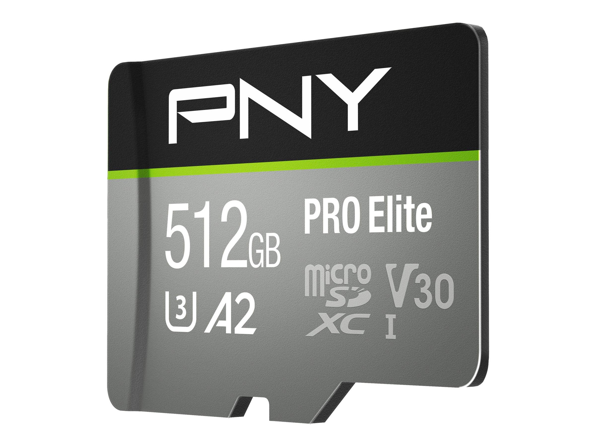 PNY PRO Elite 512GB microSDXC-Speicherkarte, bewertet mit U3, A2 und V30 für schnelle Speicherung.