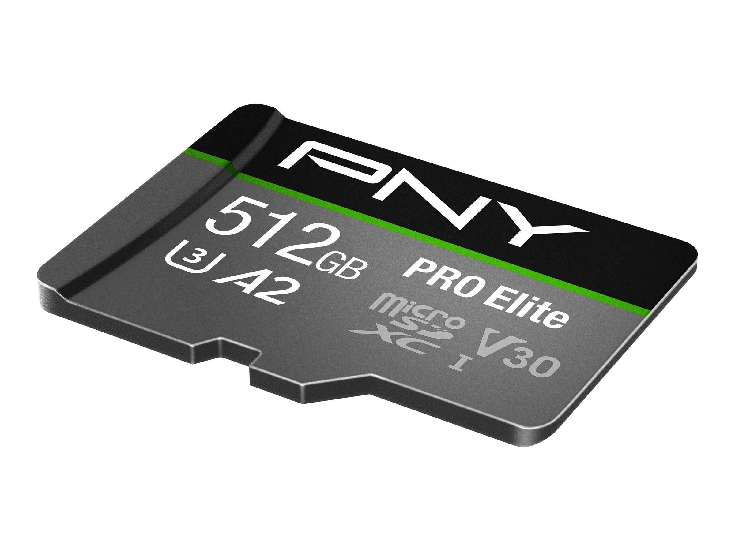 PNY 512GB microSD-Speicherkarte, mit den Bezeichnungen Pro Elite A2 und V30.