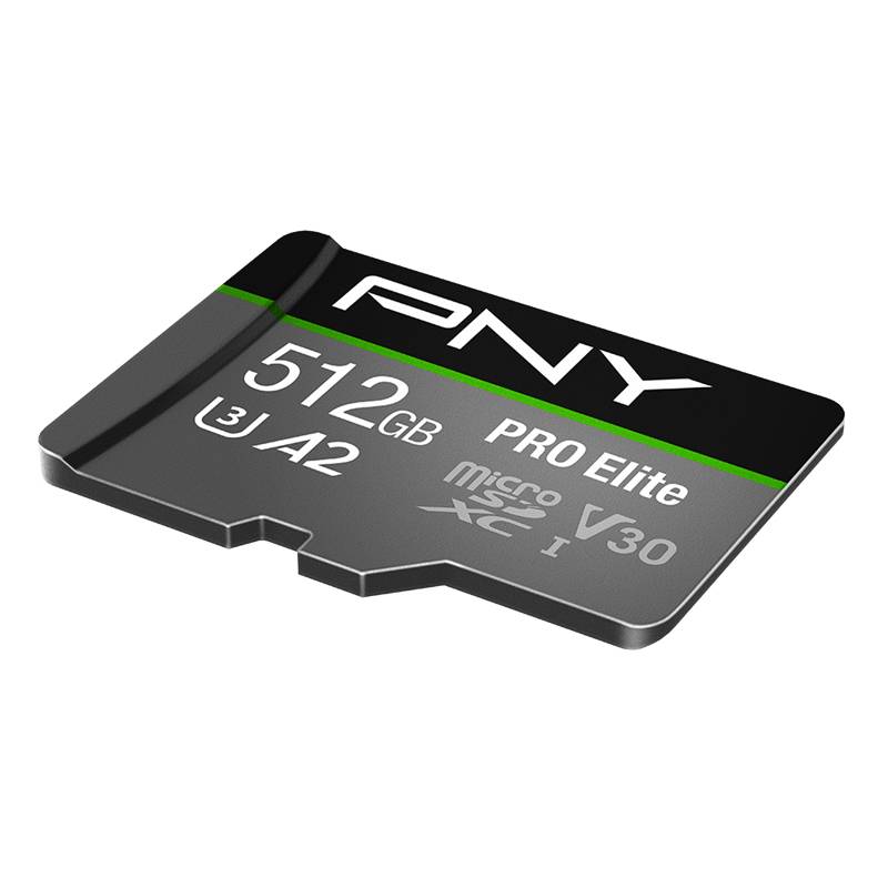 PNY 512GB Pro Elite microSD-Speicherkarte mit A2- und V30-Geschwindigkeitsbewertungen auf weißem Hintergrund