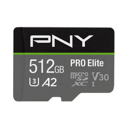 PNY Pro Elite 512GB microSD-Speicherkarte, U3 A2, V30, mit schwarzem und grauem Etikett.