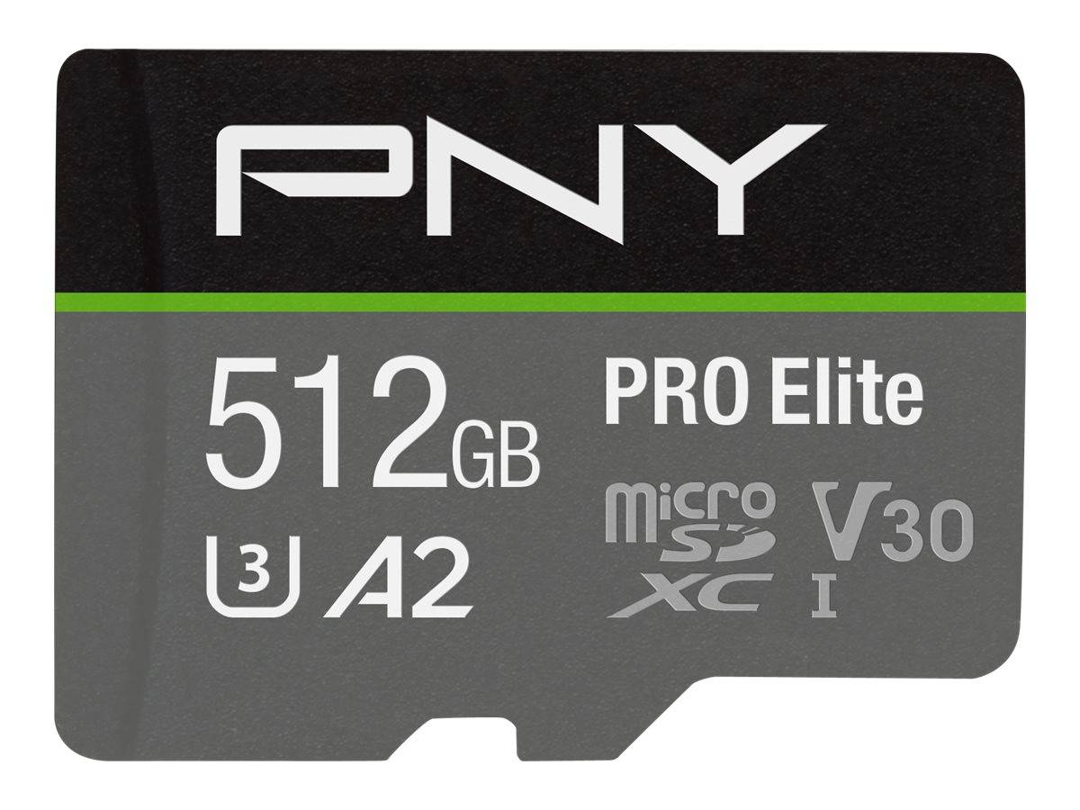 PNY 512GB Pro Elite microSD-Karte, bewertet mit A2 und V30, Vorderansicht des Etiketts gezeigt.
