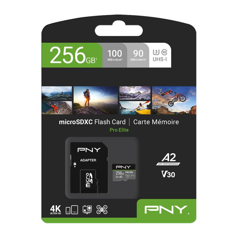 PNY 256 GB microSDXC Pro Elite Flash-Kartenpackung, zeigt Adapter, A2/V30, UHS-I und bis zu 100 MB/s Lesen, 90 MB/s Schreiben.