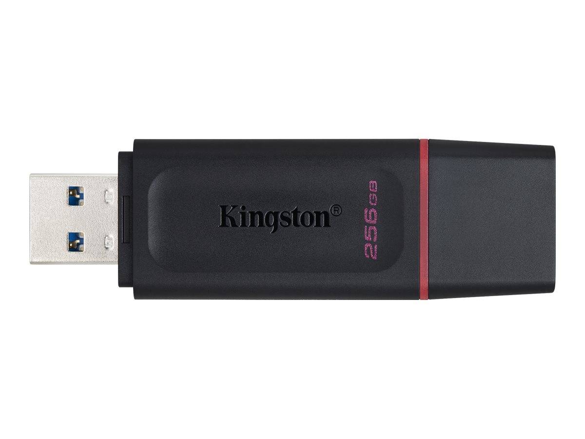 Schwarzes Kingston 256GB USB-Laufwerk mit USB-A-Anschluss auf weißem Hintergrund gezeigt.